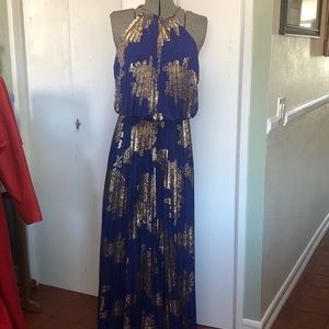 Xscape from Nordstrom, Royal Blue and Gold halter dress.